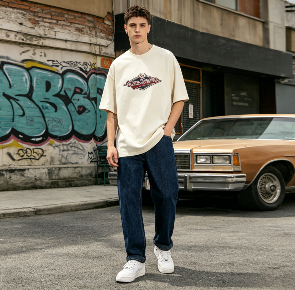 GorgeousBen 260G Glacier Cotton Cool Short Sleeve T-Shirt Unisex Retro Letter Print Loose Summer Versatile Tee