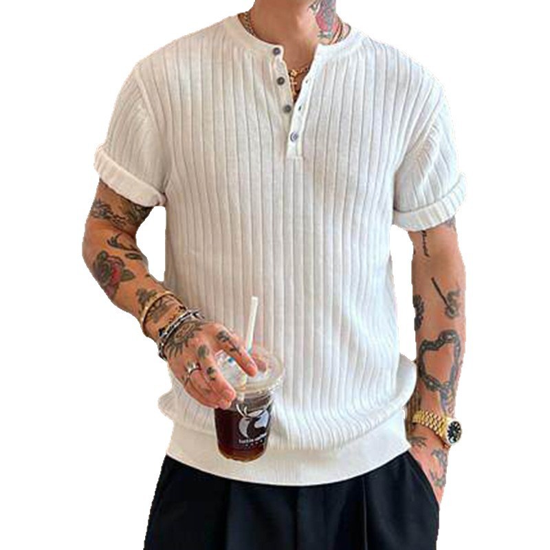 Knitted Short-Sleeve T-Shirt for Men, Henley Collar, Slim Fit, Solid Color, Old Money Style, Ice Silk, Summer, Cross-Border Factory Wholesale