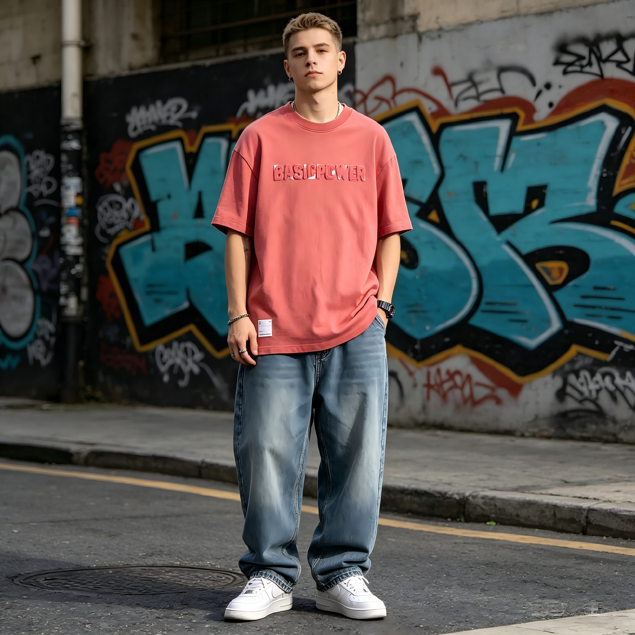 GorgeousBen Unisex Heavyweight Retro Washed Distressed T-Shirt | Applique Letter Graphic High Street Summer Short Sleeve