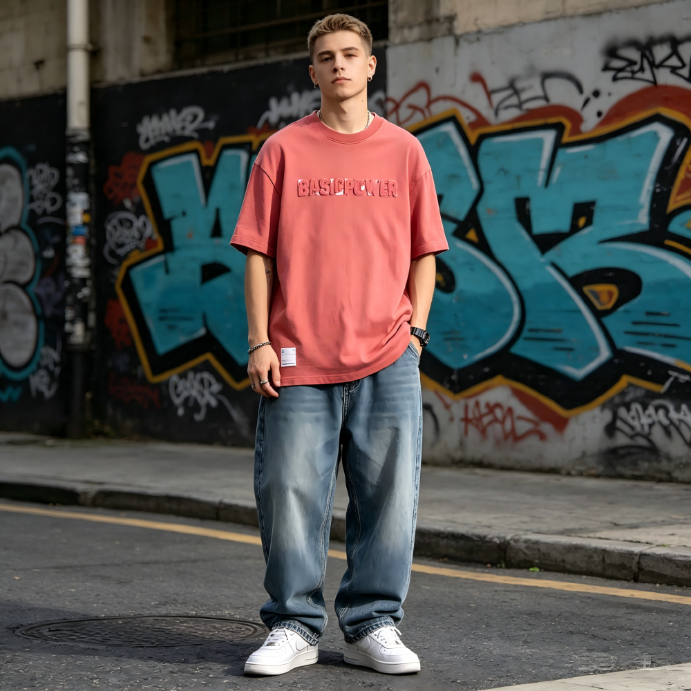 GorgeousBen Unisex Heavyweight Retro Washed Distressed T-Shirt | Applique Letter Graphic High Street Summer Short Sleeve