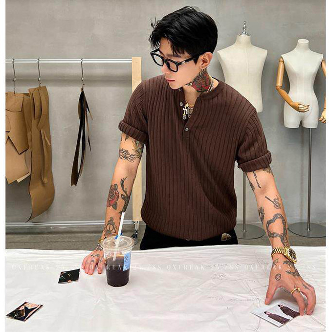 Knitted Short-Sleeve T-Shirt for Men, Henley Collar, Slim Fit, Solid Color, Old Money Style, Ice Silk, Summer, Cross-Border Factory Wholesale