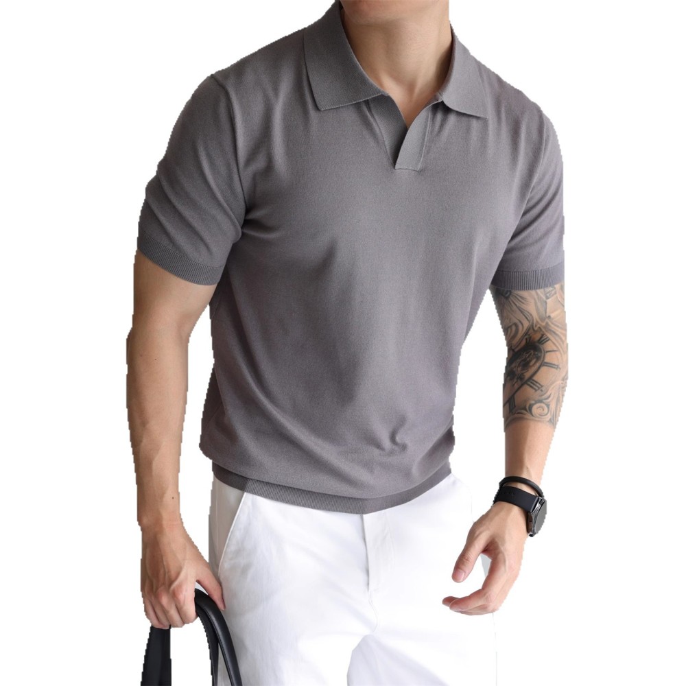 Polo Shirt V Neck Short-Sleeved Knitwear Men's Seagull Collar British Business Summer Ice Silk T-Shirt Trendy Export Cross-Border Wholesale