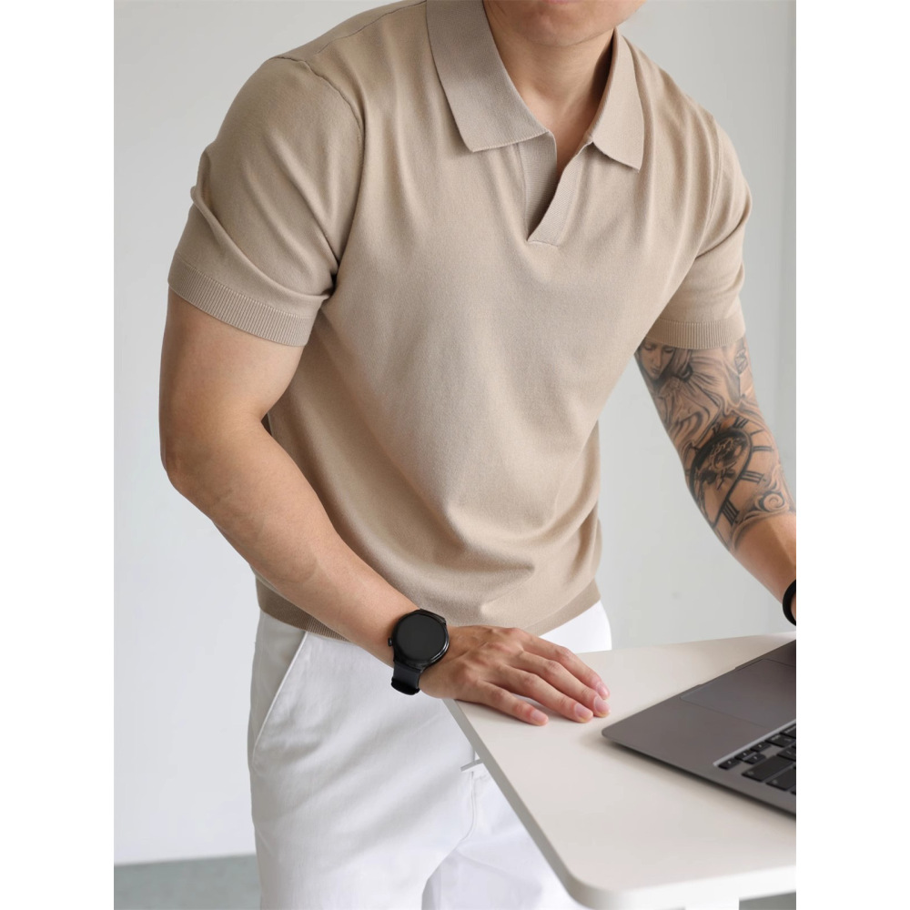 Polo Shirt V Neck Short-Sleeved Knitwear Men's Seagull Collar British Business Summer Ice Silk T-Shirt Trendy Export Cross-Border Wholesale