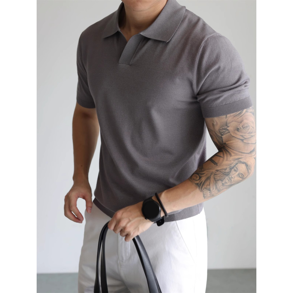 Polo Shirt V Neck Short-Sleeved Knitwear Men's Seagull Collar British Business Summer Ice Silk T-Shirt Trendy Export Cross-Border Wholesale