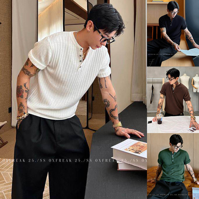 Knitted Short-Sleeve T-Shirt for Men, Henley Collar, Slim Fit, Solid Color, Old Money Style, Ice Silk, Summer, Cross-Border Factory Wholesale