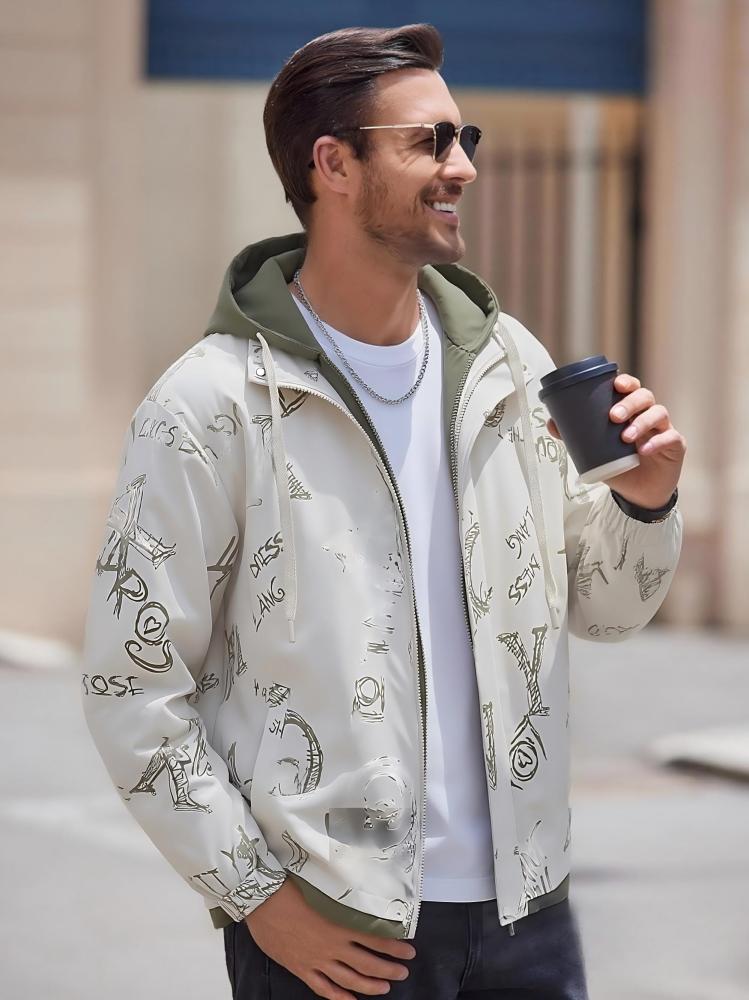 GorgeousBen Men's Graffiti Print Hooded Jacket, Loose Casual Fake Two-Piece Windbreaker for Spring Autumn