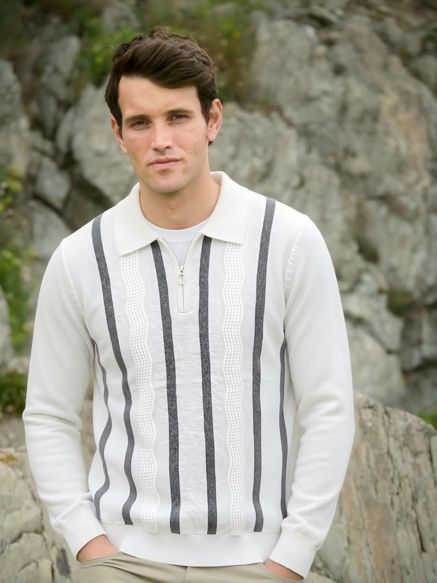 GorgeousBen Men's Striped Knit Polo Shirt, Slim Fit Half-Zip Long Sleeve Cotton Sweater for Business Casual
