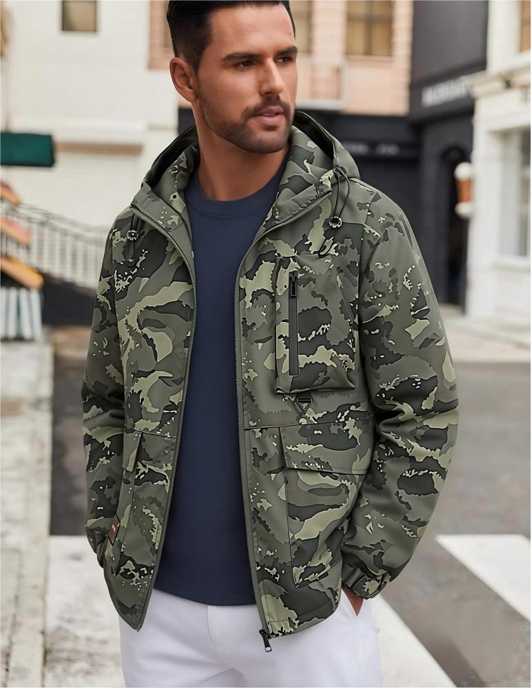 GorgeousBen Men's Camo Hooded Jacket, Water-Resistant Sportswear Coat for Autumn