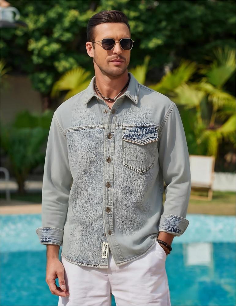 GorgeousBen Denim Shirt Men's Vintage Washed Cotton Loose Fit Casual Long Sleeve Top