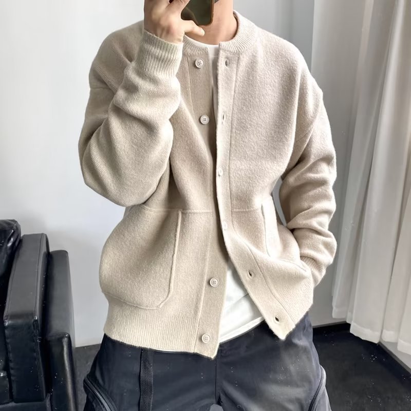 Knitted Cardigan Men's New Autumn and Winter Solid Color Simple and Handsome Thickened Design Sweater Jacket Foreign Trade Cross-Border Wholesale