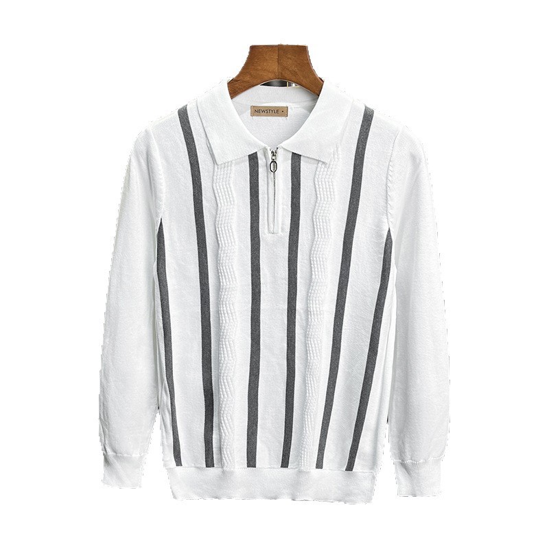 Cross-Border Popular Polo Shirt Lapel Striped Half-Zip Long-Sleeved Knitwear Men's Business Export Cross-Border Wholesale