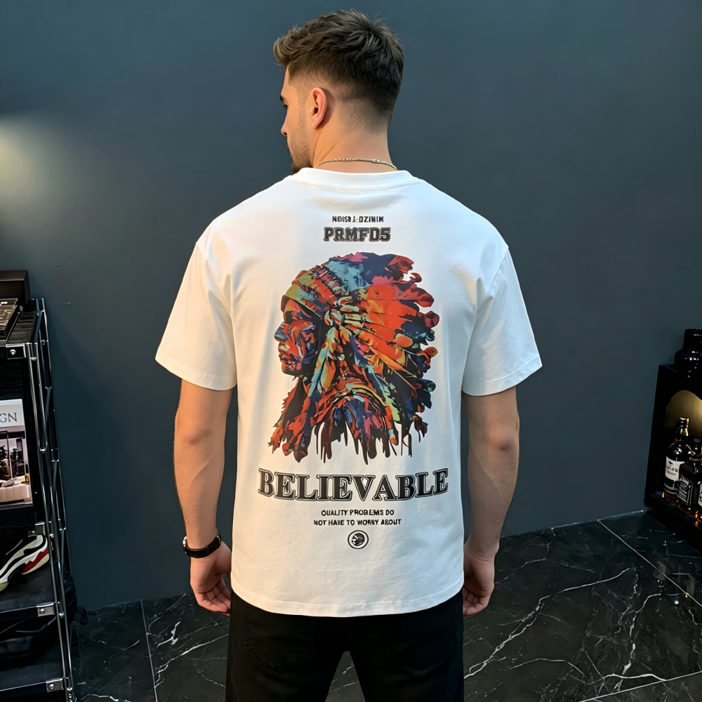 GorgeousBen American heavyweight short sleeved T-shirt for men, 2025 new summer high-end trend, Indian print versatile T-shirt.