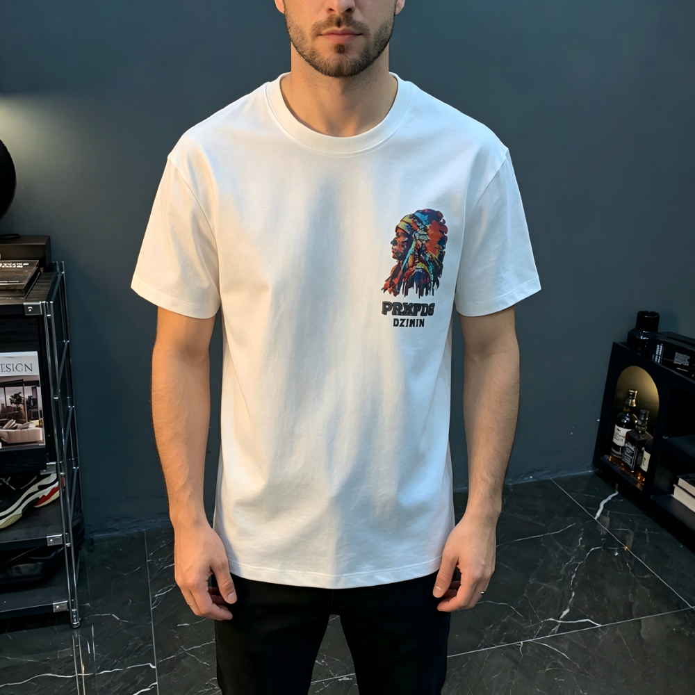 GorgeousBen American heavyweight short sleeved T-shirt for men, 2025 new summer high-end trend, Indian print versatile T-shirt.