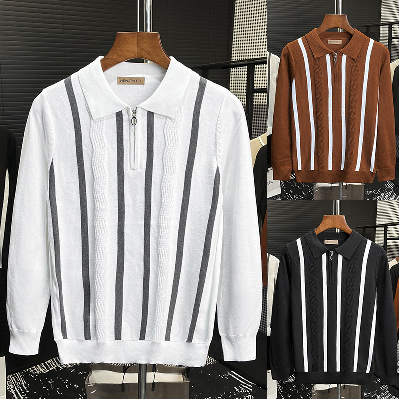 Cross-Border Popular Polo Shirt Lapel Striped Half-Zip Long-Sleeved Knitwear Men's Business Export Cross-Border Wholesale