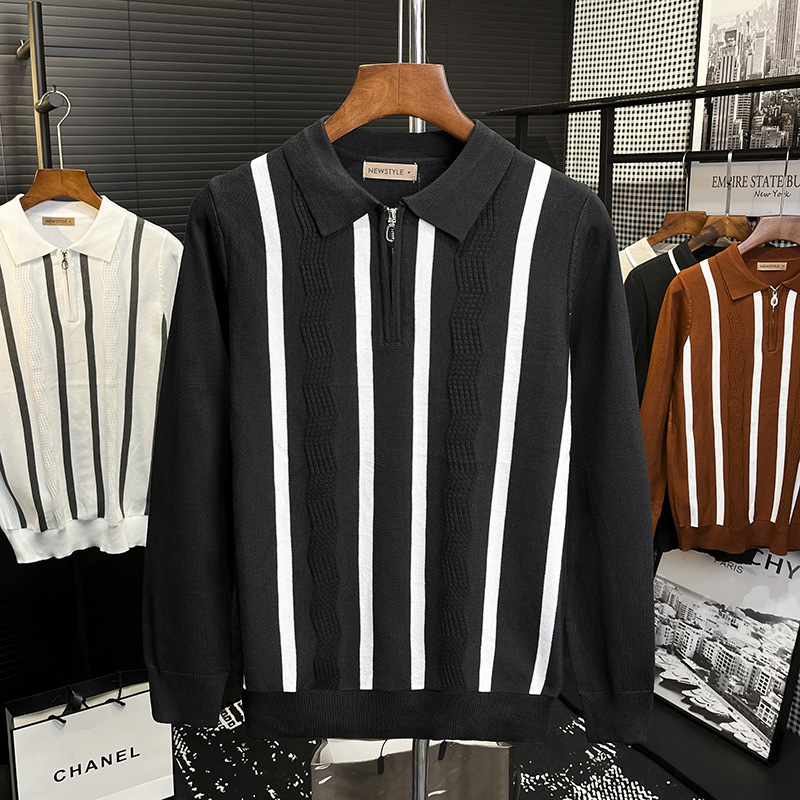 Cross-Border Popular Polo Shirt Lapel Striped Half-Zip Long-Sleeved Knitwear Men's Business Export Cross-Border Wholesale