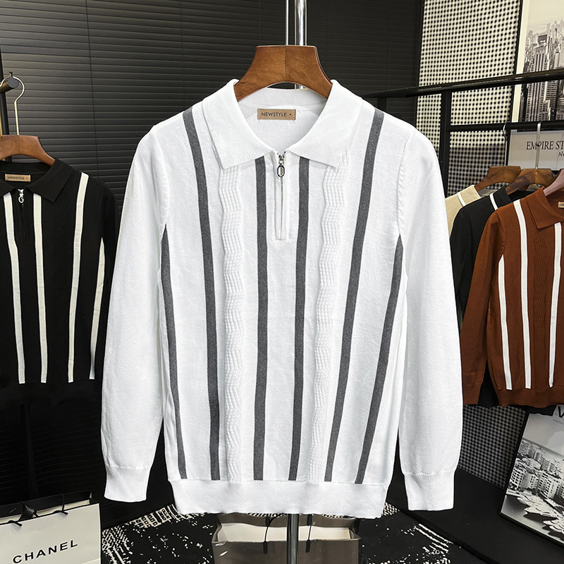 Cross-Border Popular Polo Shirt Lapel Striped Half-Zip Long-Sleeved Knitwear Men's Business Export Cross-Border Wholesale