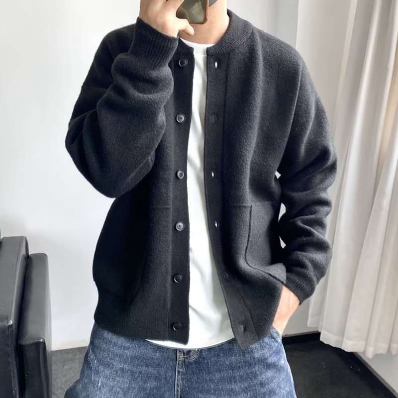 Knitted Cardigan Men's New Autumn and Winter Solid Color Simple and Handsome Thickened Design Sweater Jacket Foreign Trade Cross-Border Wholesale