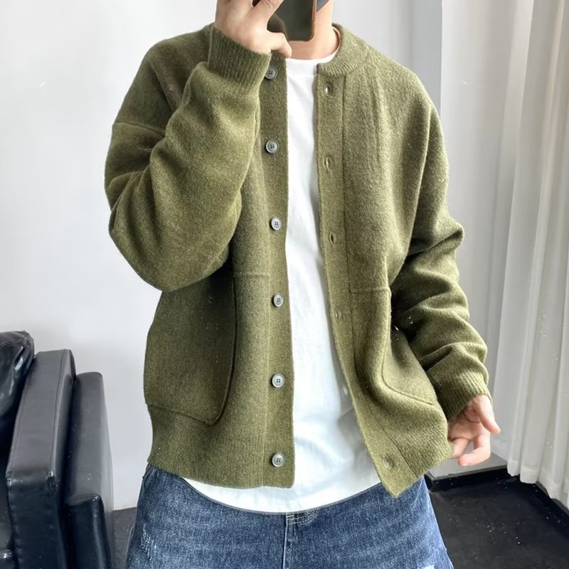 Knitted Cardigan Men's New Autumn and Winter Solid Color Simple and Handsome Thickened Design Sweater Jacket Foreign Trade Cross-Border Wholesale
