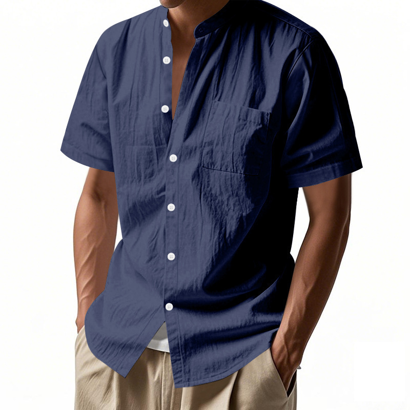 Amazon Cross-Border Men's Summer Loose Linen T-Shirt European and American Pure Color American Henley Collar Beach Short-Sleeved Shirt