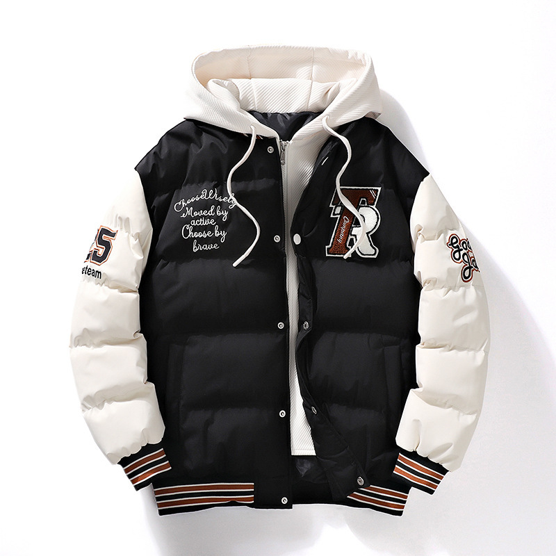 2023 Men's Winter Fashion Coat Trendy Fake Two-piece Hooded Letter Printed Bread Suit Couple's Cotton-padded Coat