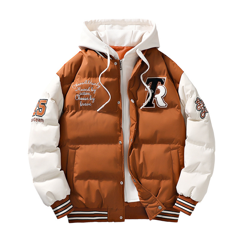 2023 Men's Winter Fashion Coat Trendy Fake Two-piece Hooded Letter Printed Bread Suit Couple's Cotton-padded Coat