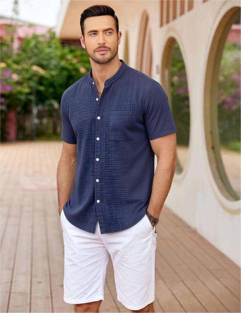 GorgeousBen Men's Summer Loose Linen Stand Collar Short Sleeve Shirt