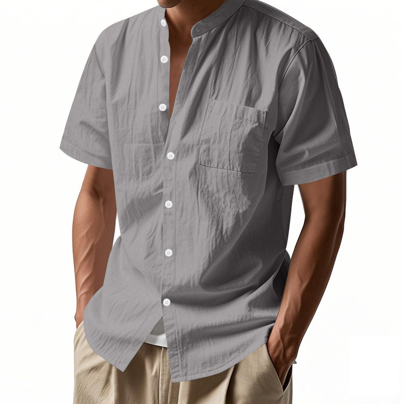 Amazon Cross-Border Men's Summer Loose Linen T-Shirt European and American Pure Color American Henley Collar Beach Short-Sleeved Shirt