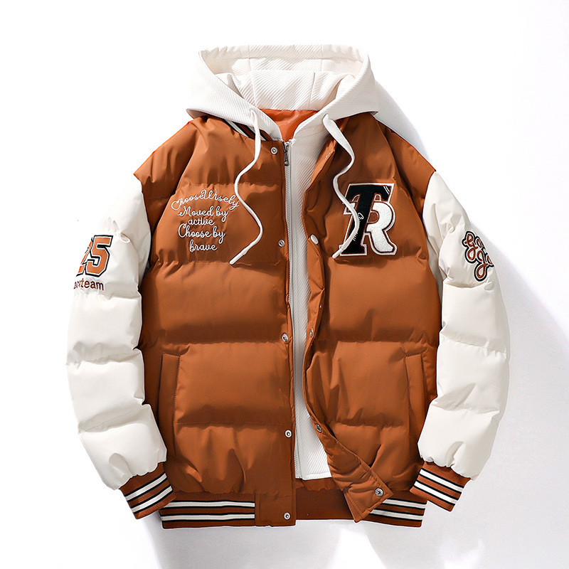 2023 Men's Winter Fashion Coat Trendy Fake Two-piece Hooded Letter Printed Bread Suit Couple's Cotton-padded Coat