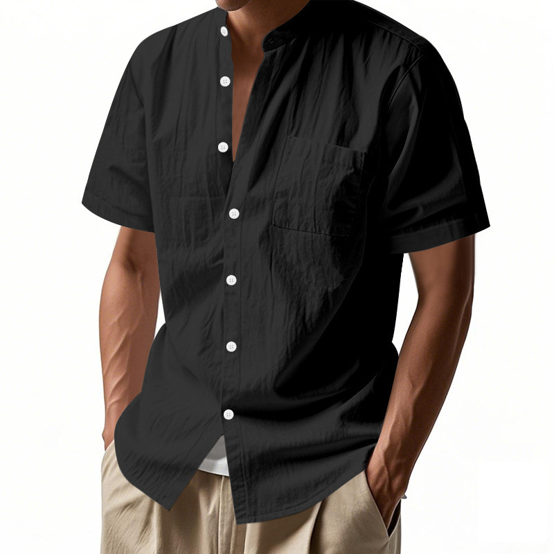 Amazon Cross-Border Men's Summer Loose Linen T-Shirt European and American Pure Color American Henley Collar Beach Short-Sleeved Shirt