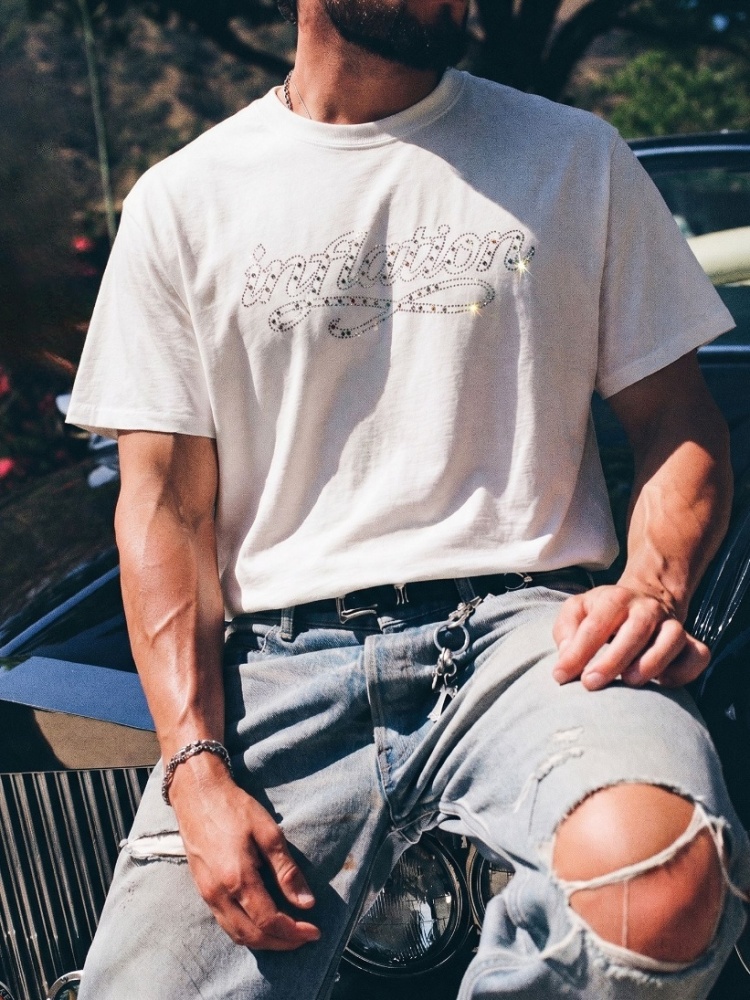 GorgeousBen Men's Vintage Rhinestone Rivet T-Shirt, 180-250GSM Cotton Loose Fit Casual Streetwear Tee, Spring Summer, S-3XL