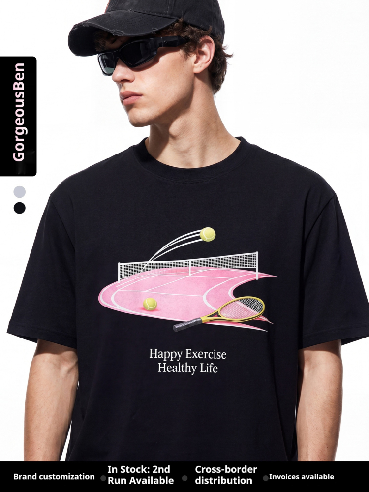 GorgeousBen Men's Cool Tennis Print T-Shirt 8548S26, Black/Grey, Loose Fit Cotton Sport Casual Tee