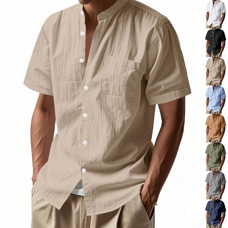 Amazon Cross-Border Men's Summer Loose Linen T-Shirt European and American Pure Color American Henley Collar Beach Short-Sleeved Shirt