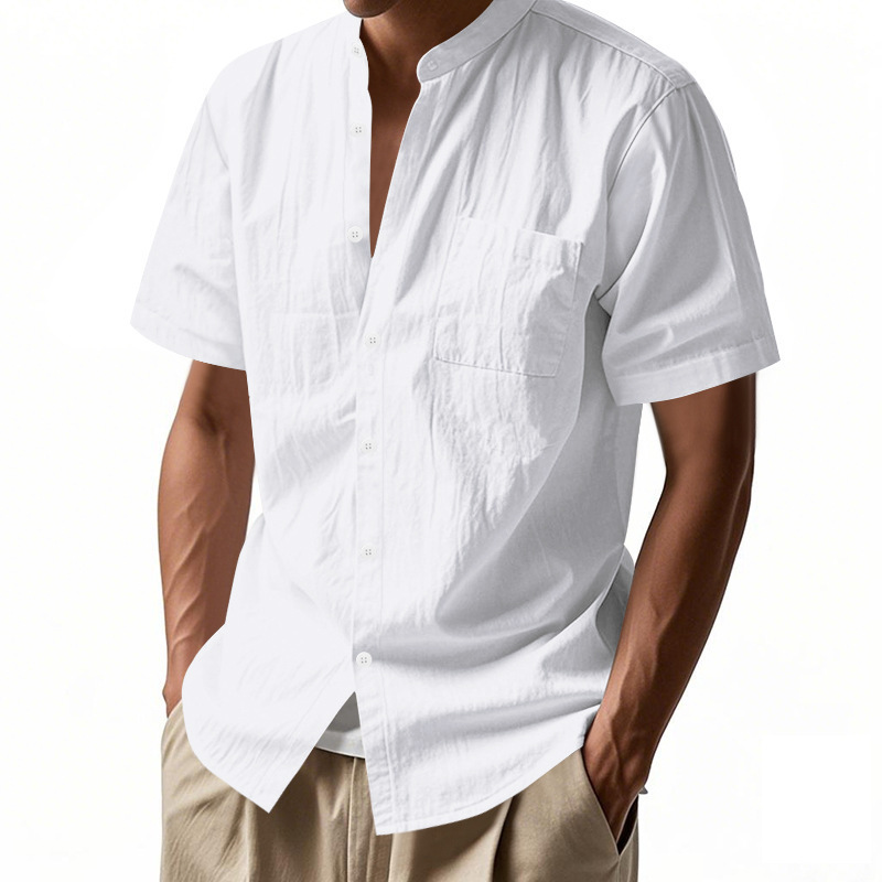 Amazon Cross-Border Men's Summer Loose Linen T-Shirt European and American Pure Color American Henley Collar Beach Short-Sleeved Shirt