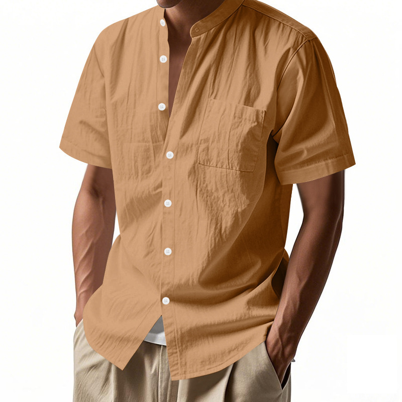 Amazon Cross-Border Men's Summer Loose Linen T-Shirt European and American Pure Color American Henley Collar Beach Short-Sleeved Shirt