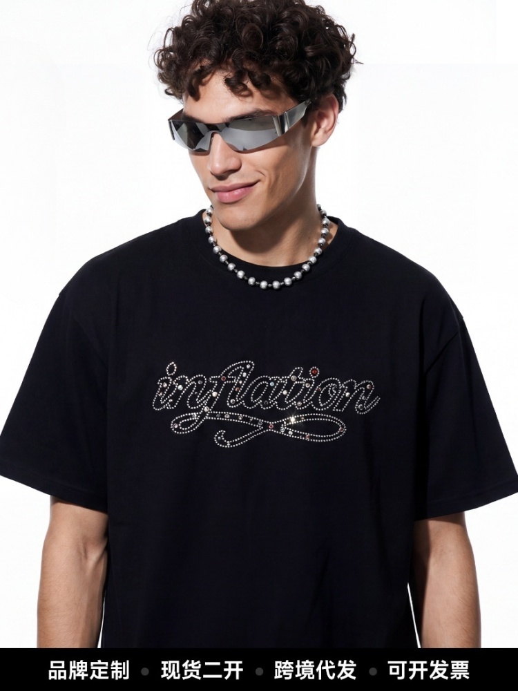 GorgeousBen Men's Vintage Rhinestone Rivet T-Shirt, 180-250GSM Cotton Loose Fit Casual Streetwear Tee, Spring Summer, S-3XL