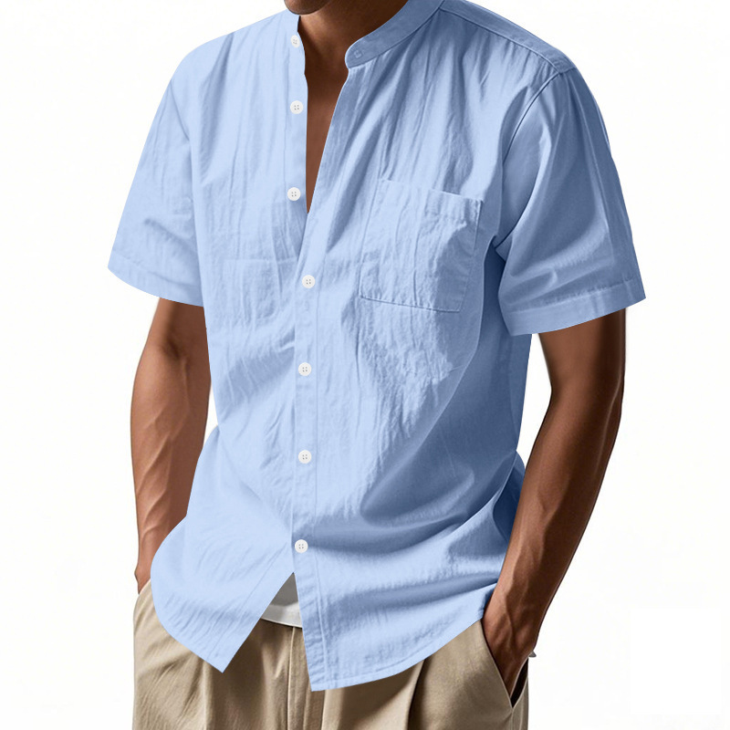 Amazon Cross-Border Men's Summer Loose Linen T-Shirt European and American Pure Color American Henley Collar Beach Short-Sleeved Shirt