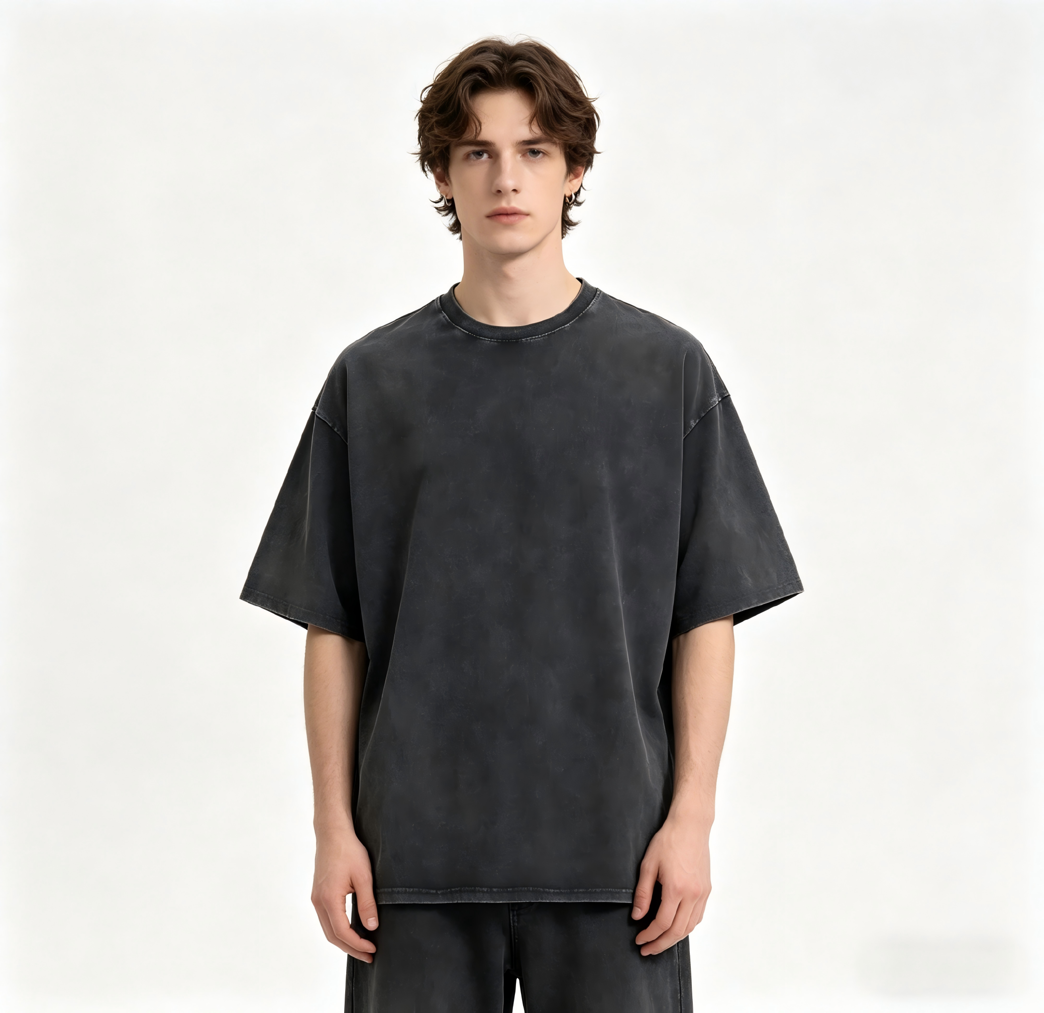 GorgeousBen Retro stir fried snowflake washed T-shirt, European and American cross-border pure cotton T-shirt, loose base round neck pullover, heavyweight T-shirt for men
