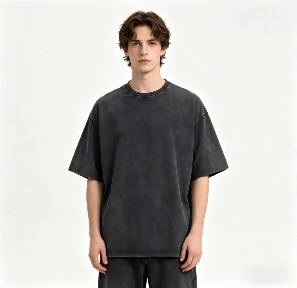 GorgeousBen Retro stir fried snowflake washed T-shirt, European and American cross-border pure cotton T-shirt, loose base round neck pullover, heavyweight T-shirt for men