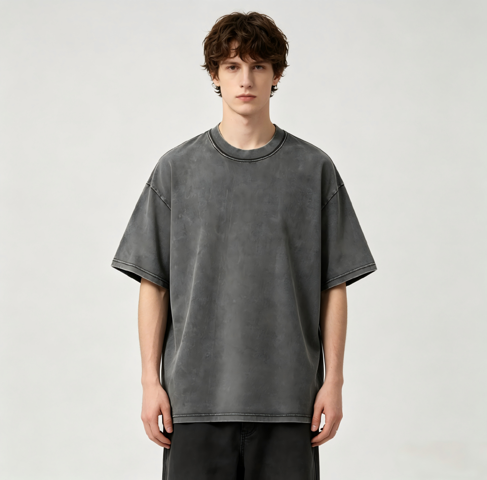 GorgeousBen Retro stir fried snowflake washed T-shirt, European and American cross-border pure cotton T-shirt, loose base round neck pullover, heavyweight T-shirt for men