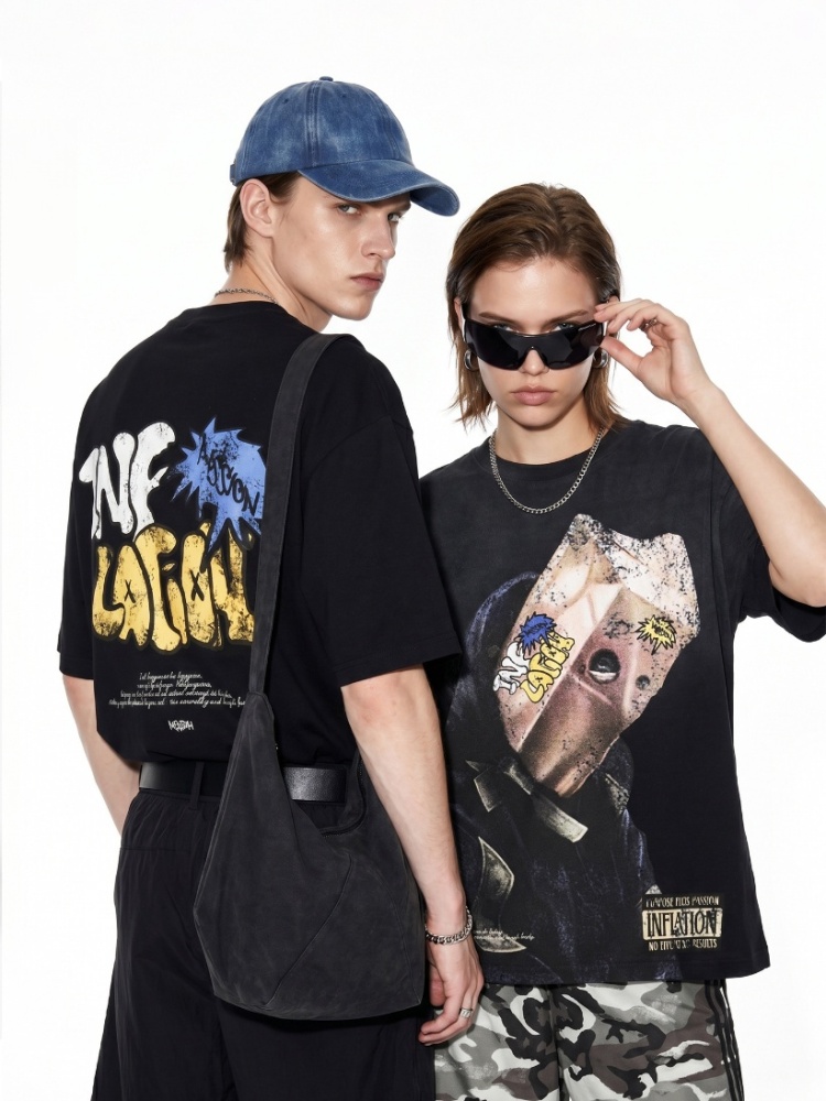GorgeousBen Men Portrait Graffiti Print Short Sleeve T-Shirt Loose Drop Shoulder American Streetwear 2026 Summer New Multiple Sizes Available