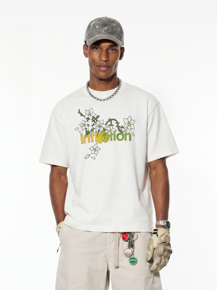 GorgeousBen Men American Streetwear Floral Print Short Sleeve T-Shirt Loose Crew Neck 2026 Spring Summer New Multiple Sizes Available
