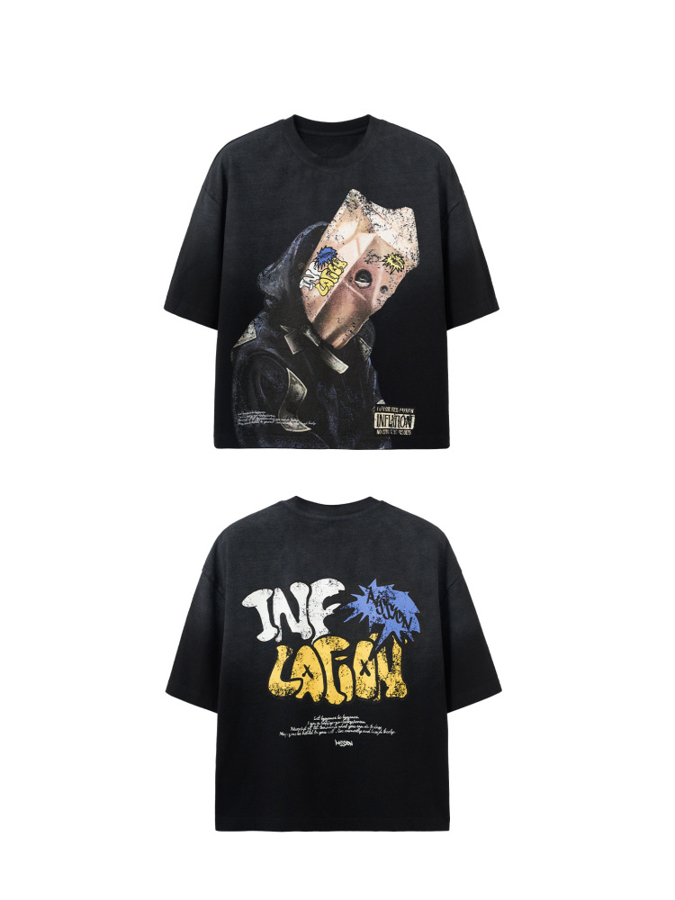 GorgeousBen Men Portrait Graffiti Print Short Sleeve T-Shirt Loose Drop Shoulder American Streetwear 2026 Summer New Multiple Sizes Available