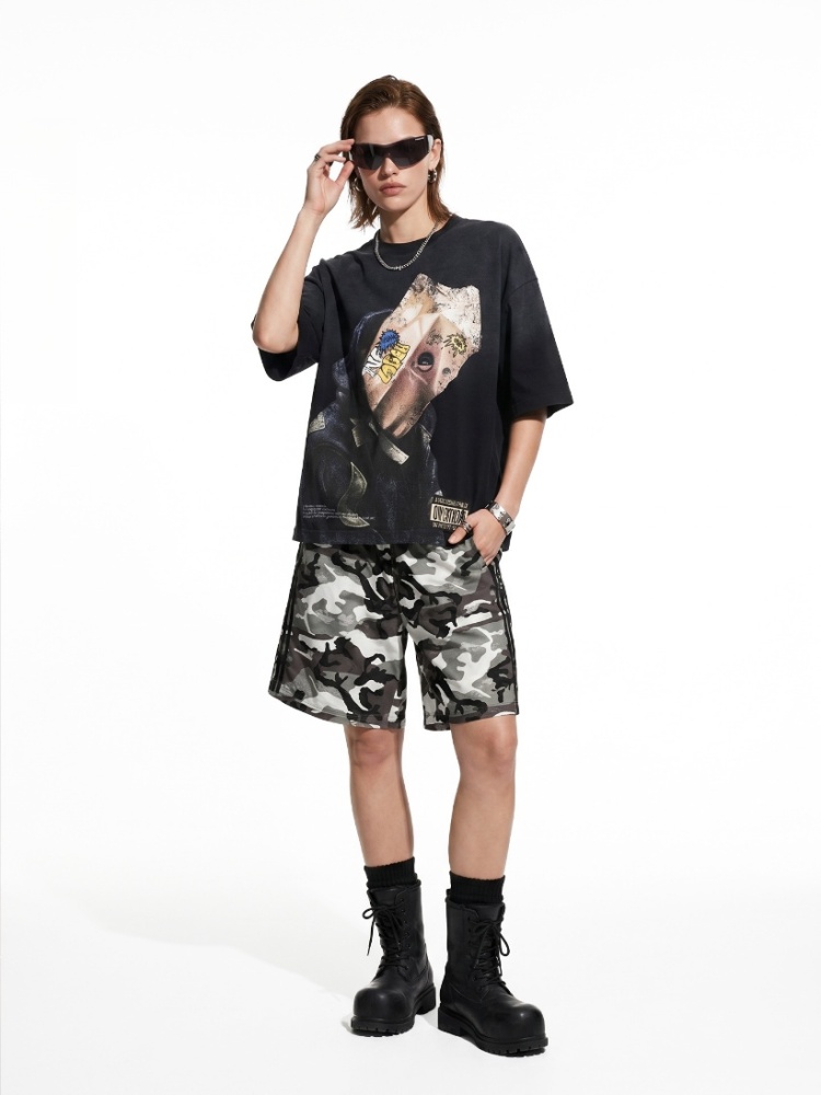 GorgeousBen Men Portrait Graffiti Print Short Sleeve T-Shirt Loose Drop Shoulder American Streetwear 2026 Summer New Multiple Sizes Available