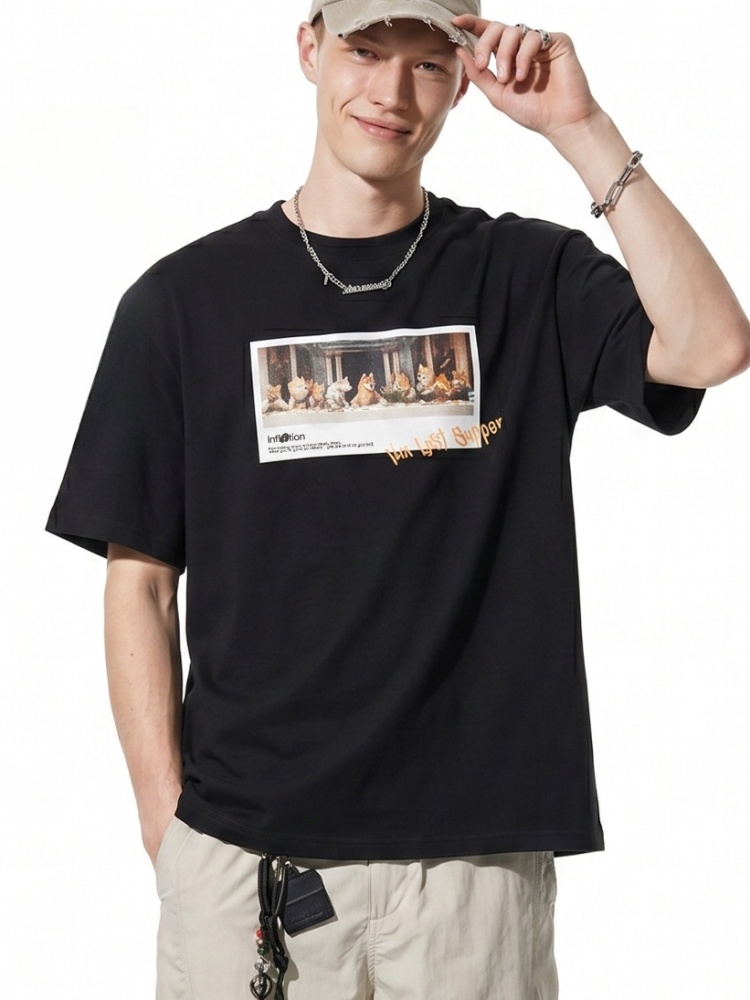 GorgeousBen Men Retro Fun Cat Print Short Sleeve T-Shirt Loose Crew Neck 2026 Spring Summer Casual Multiple Sizes Available