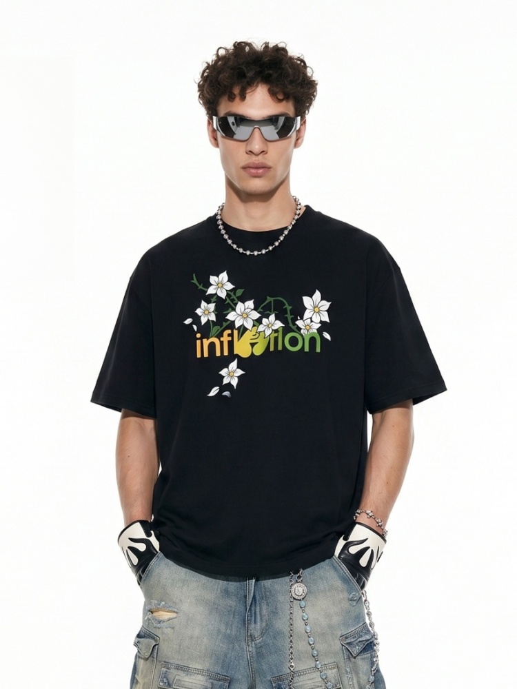 GorgeousBen Men American Streetwear Floral Print Short Sleeve T-Shirt Loose Crew Neck 2026 Spring Summer New Multiple Sizes Available