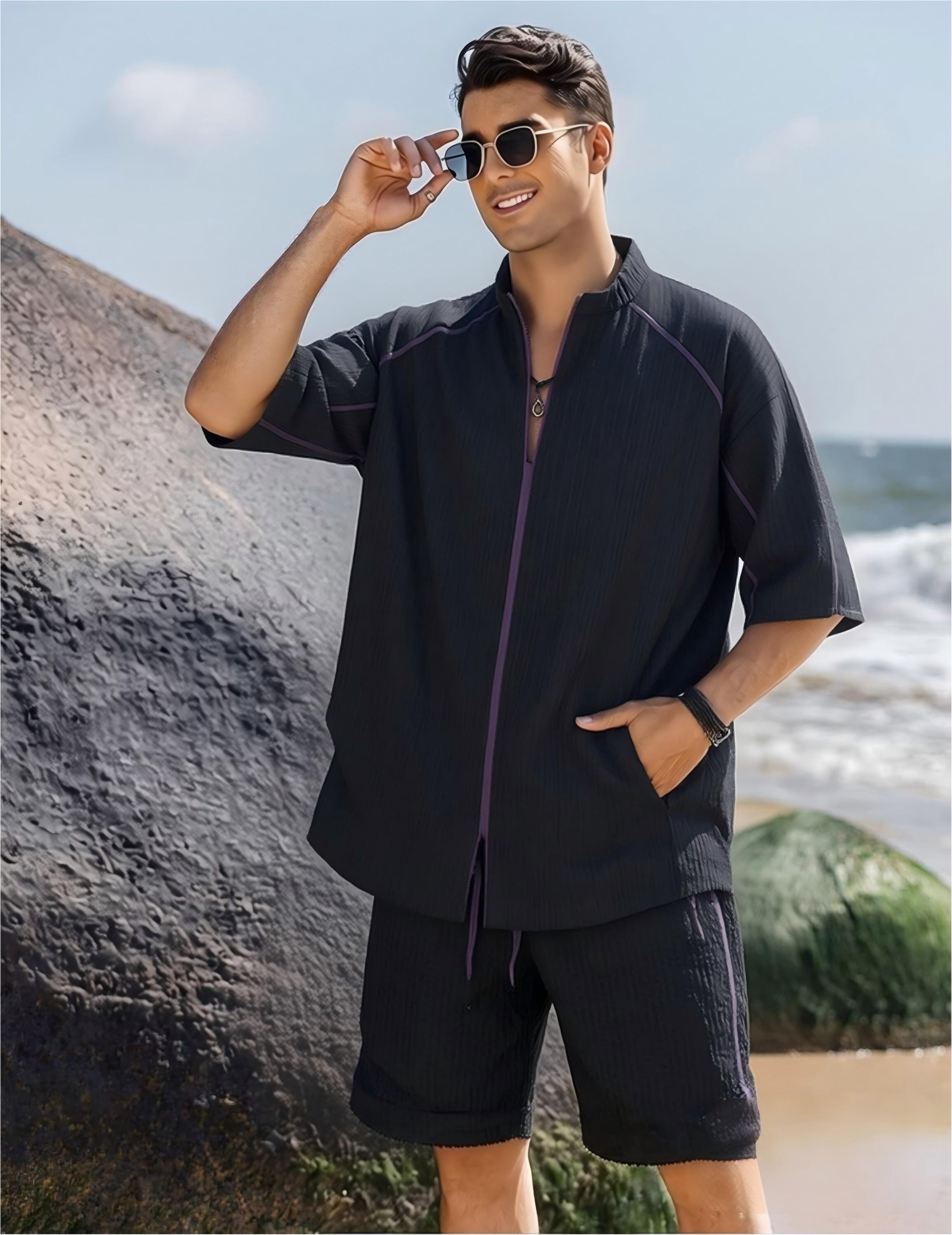 GorgeousBen Men's Quick-Dry Ice Silk Tracksuit, Loose Half-Zip T-Shirt & Shorts Set, Casual Summer