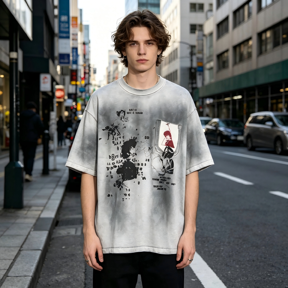 GorgeousBen Men’s Retro Anime Print T-Shirt 275g Cotton Washed Oversized Drop Shoulder Tee Streetwear S-XXL