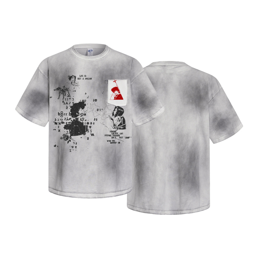GorgeousBen Men’s Retro Anime Print T-Shirt 275g Cotton Washed Oversized Drop Shoulder Tee Streetwear S-XXL