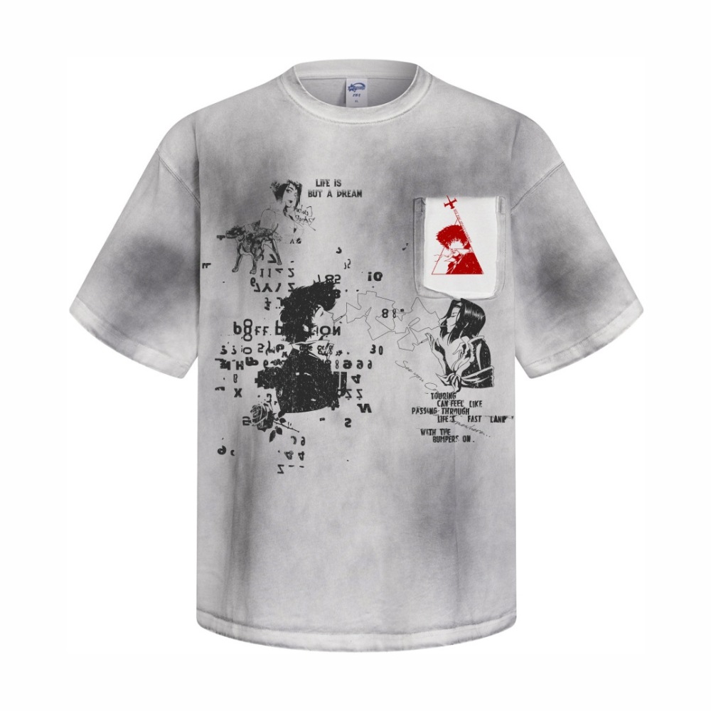 GorgeousBen Men’s Retro Anime Print T-Shirt 275g Cotton Washed Oversized Drop Shoulder Tee Streetwear S-XXL