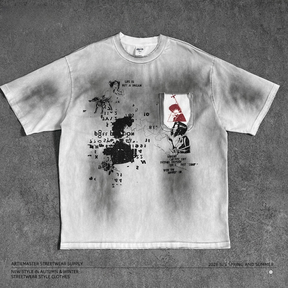 GorgeousBen Men’s Retro Anime Print T-Shirt 275g Cotton Washed Oversized Drop Shoulder Tee Streetwear S-XXL